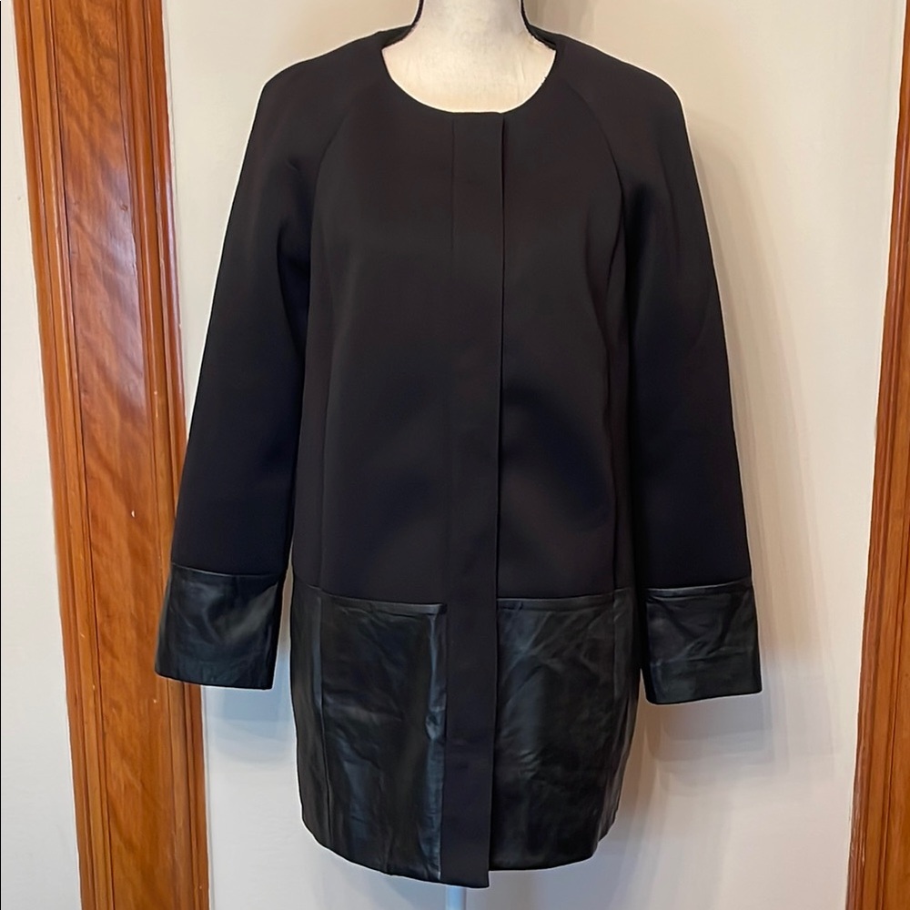 Halogen Black Trench Coat with Luxe Leather Accents